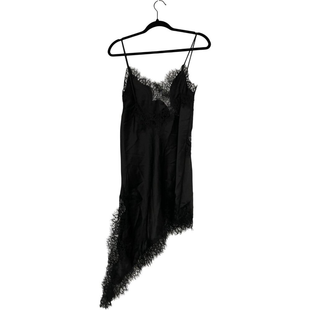 Zara Womens Slip Dress S Black Satin Asymmetric Floral Trim Lace 5919/200 NWOT - Picture 4 of 13